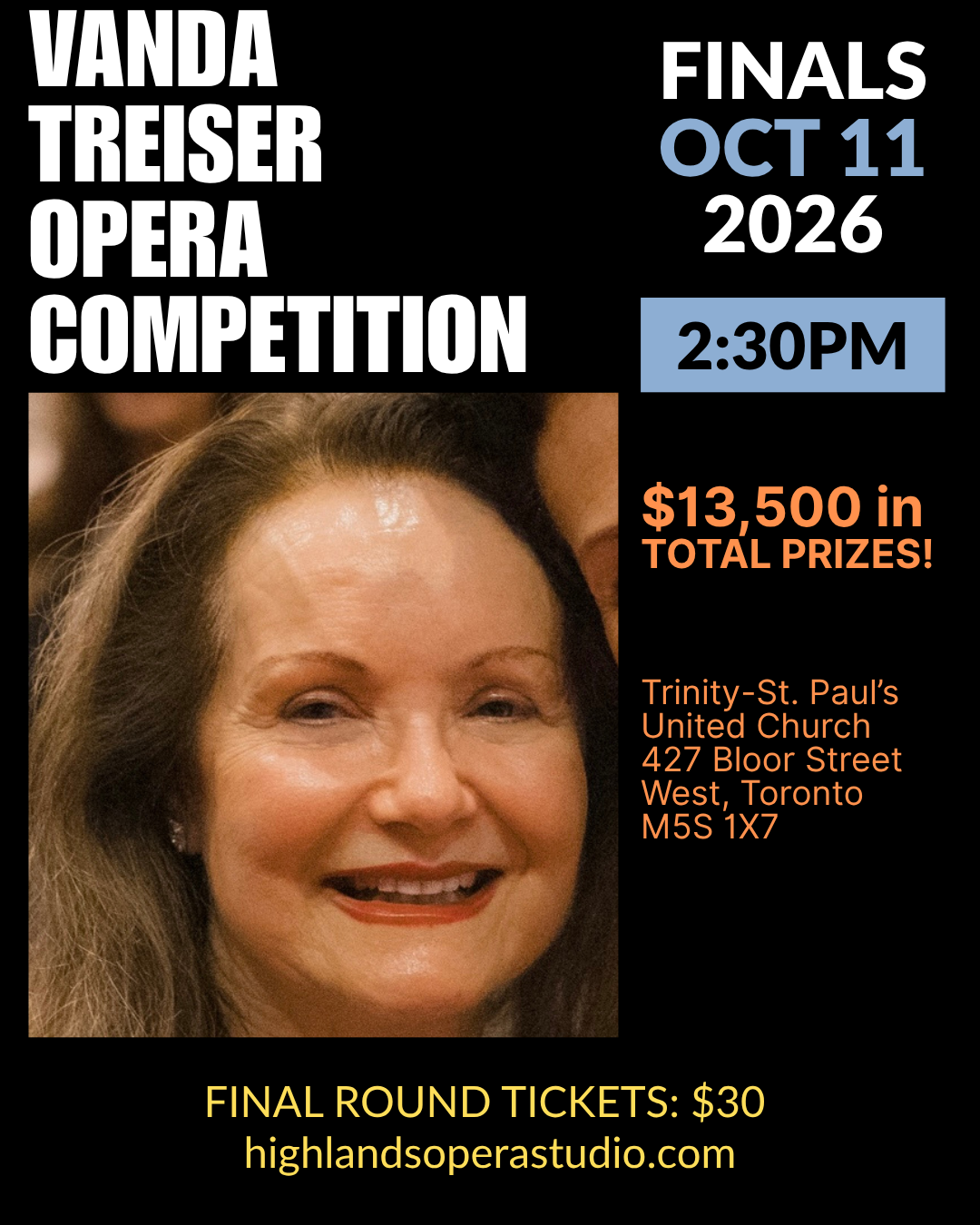 Poster image for the Vander Treiser Opera Competition including a photo of Vanda Treiser